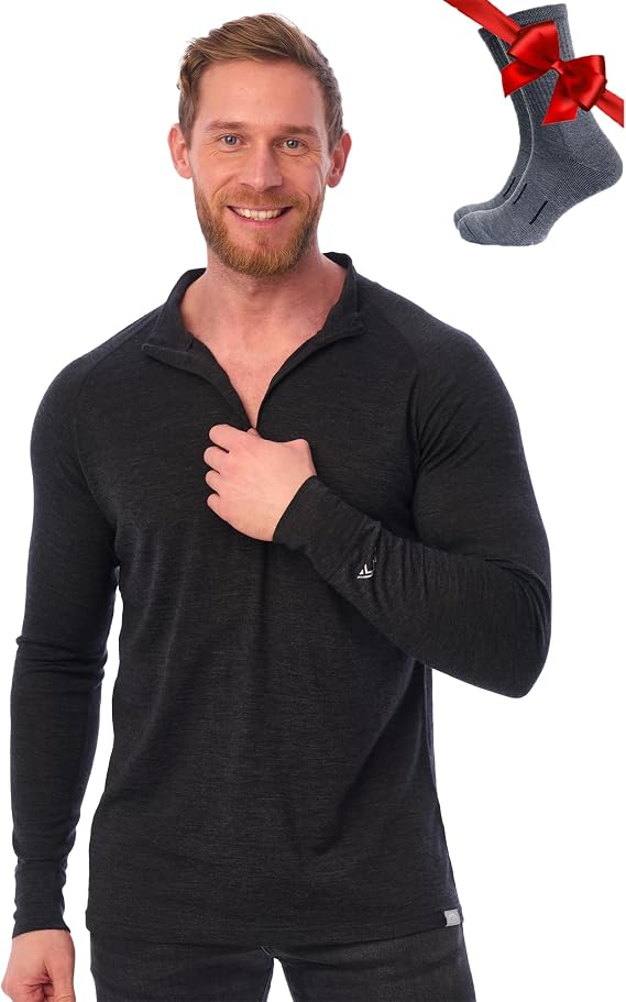 100% Merino Wool Half Zip Sweater Men - Quarter Zip Thermal Base Layer