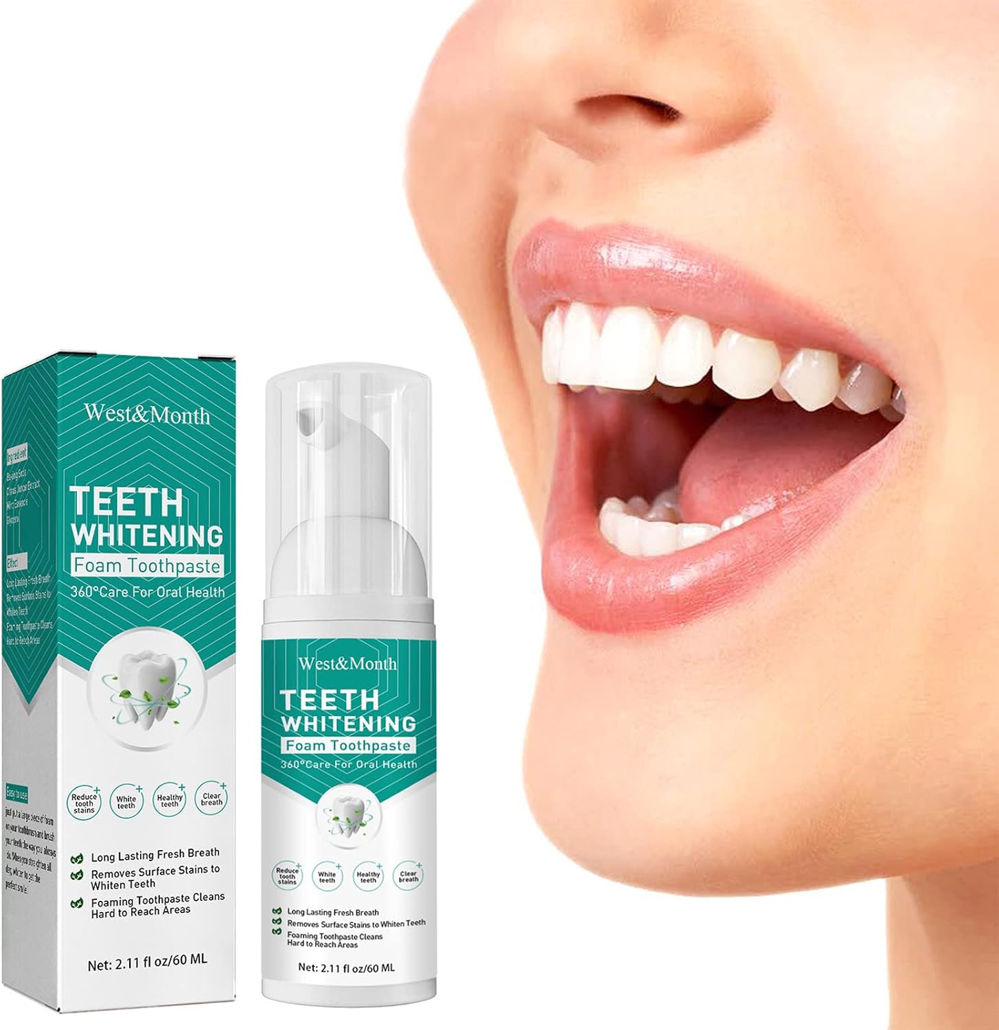 Teeth Whitening Toothpaste - Ultra-fine Mousse Foam Soda Toothpaste, Foam Whitening Toothpaste 360°Care for Mouth &amp; Deeply Cleaning Gums, Stain Removal - 60ml