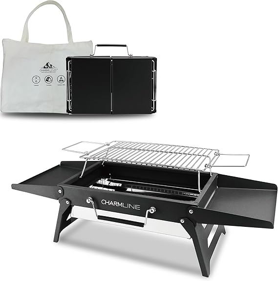 Charmline 14x9inch Foldable Portable Grill Charcoal, Compact Portable Grill for Outdoor Use, Desktop Charcoal Grill, BBQ Grills for Camping, Picnics, Gardens and Beach Parties, Black