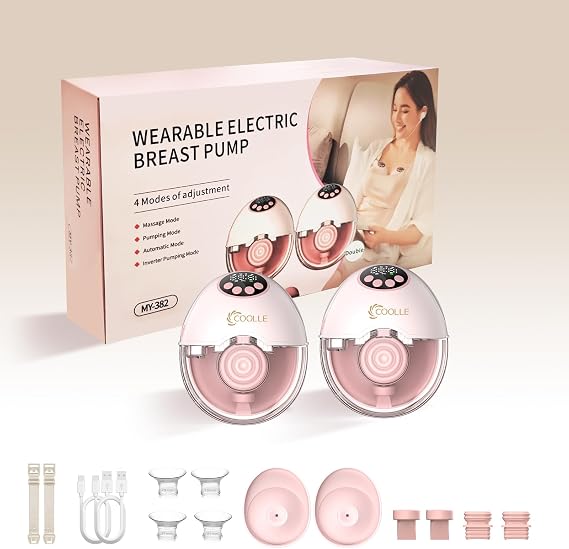 Electric Breast Pump Hands Free Wearable Portable Breastfeeding Pumps Wireless Quiet Anti-Leaking with Voice Broadcast Heating 4 Mode 12 Levels Suction Double 24mm (Pink)