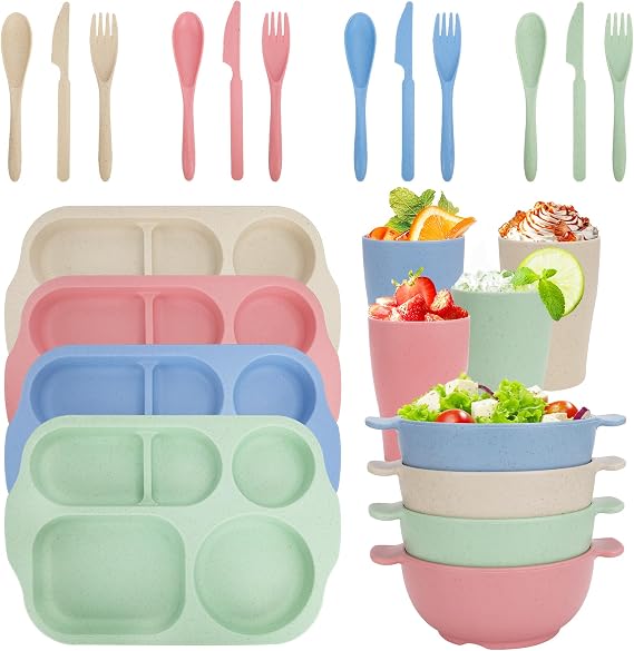 24 PCS Plastic Dinnerware Set for Adult Kids Plates and Bowls Sets