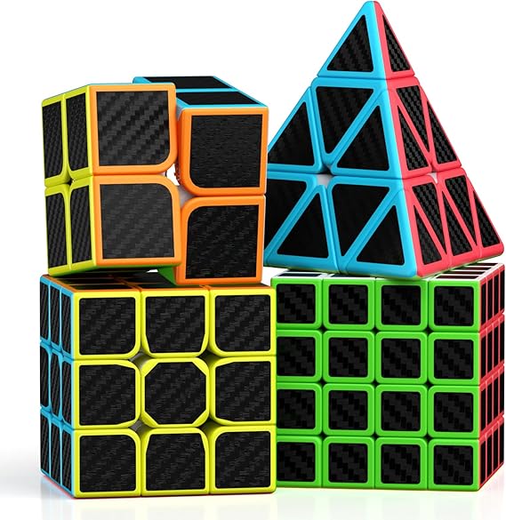 ROXENDA Speed Cube Set, 2X2 3X3 4X4 Pyramid Cube Stickerless with Instruction [4 Pack] (Carbon Fiber Cube Set)