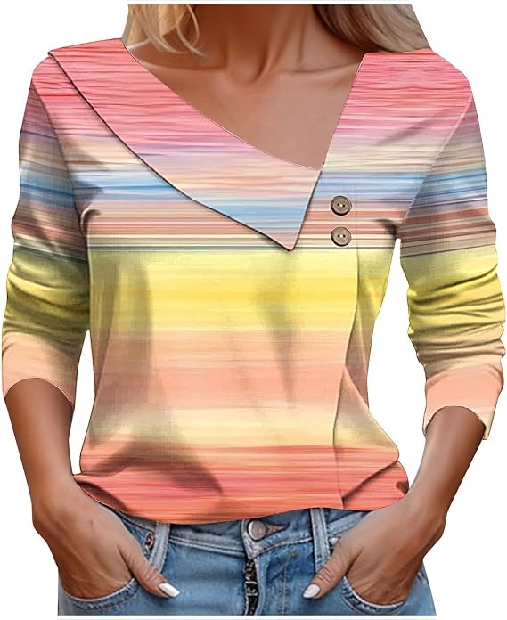 Womens Long Sleeve Shirts Business Casual Tops Loose Work Blouses V Neck Button Front Printed T-Shirts Tunic