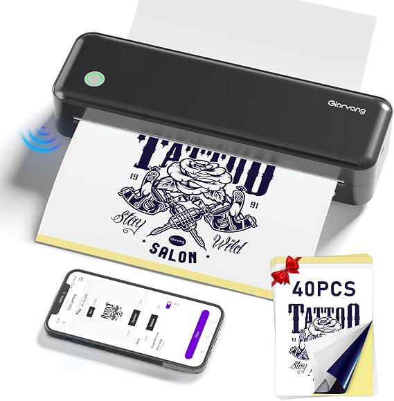 Gloryang Wireless Tattoo Transfer Stencil Printer, Portable Thermal Tattoo Machine for Tattoo Beginners with 40pcs Stencil Paper, Compatible with Smartphone & PC, Rechargeable & Inkless, Black