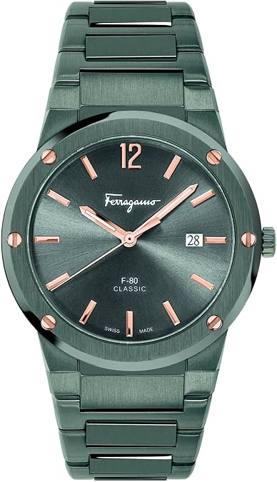 Ferragamo F-80 Classic Collection Luxury Mens Watch Timepieces with a Grey Bracelet, Case and Dial