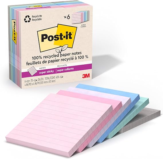 Post-it Super Sticky Recycled Notes, 6 Pads, 4 in x 4 in, 100% Recycled, School Supplies and Office Products, Sticky Notes - 675R6SSNRP