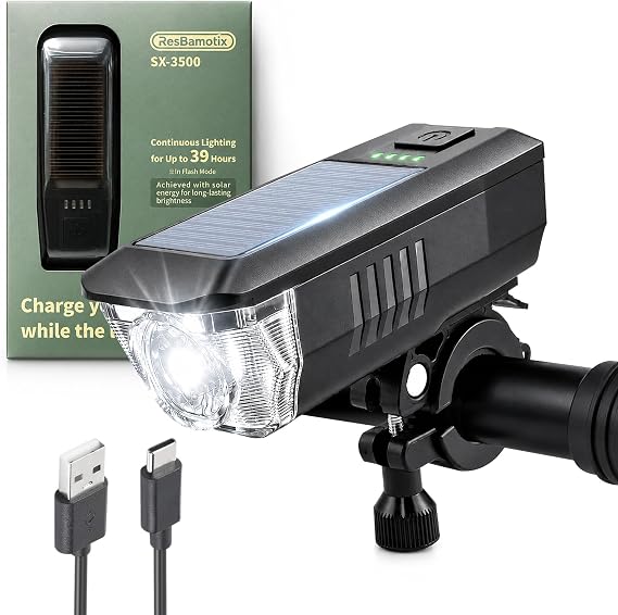 Solar USB-C Rechargeable Bike Light, Waterproof Headlight