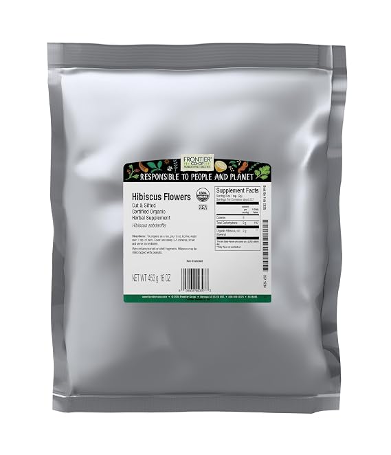 Frontier Co-op Organic Hibiscus Flowers, 16 Ounce, Sun Dried Bright Red Color, Fruity Flavor, Non Irradiated, Non ETO, Kosher