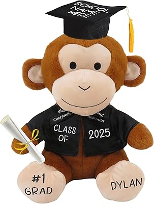 Printualist Personalized Graduation Monkey Teddy Bear Gift 2025 for Him, for Her, for High School, College, 12 Inch - Plush Custom Brown Monkey with Name and Year on The Feet - Cute Grad Gifts
