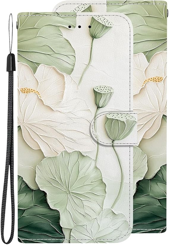 Art Designed Flip Wallet for Infinix NOTE 12 G96,Case Fancy Green 3D Effect Lotus Leaf and Lotus Root Illustration Protection with Standing Card Holder and Wrist Strap for Infinix NOTE 12 G96/X670