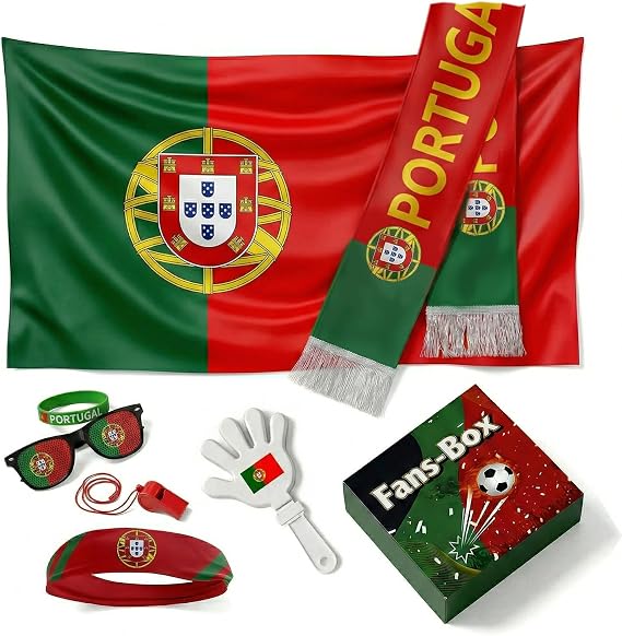 Soccer Fan Gear Set 2026-7 Piece Game Day Kit with Flag, Scarf, Glasses, Whistle, Clapper, Wristband & Headband in Gift Box - Watch Party & Stadium Essentials for Portugal