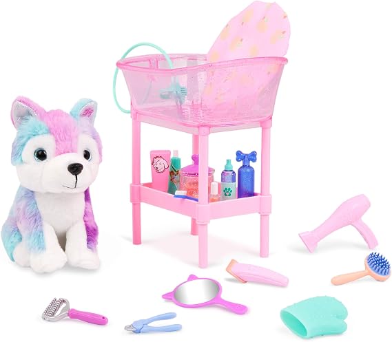 Glitter Girls Puddles Grooming Playset, 20-Piece Dog Spa Set, Plush, Pet | Stuffed husky, pink bathtub, hose, scrubber, shampoo, blow dryer, brush, treats jar, and more for 14-inch dolls, 3+ Years