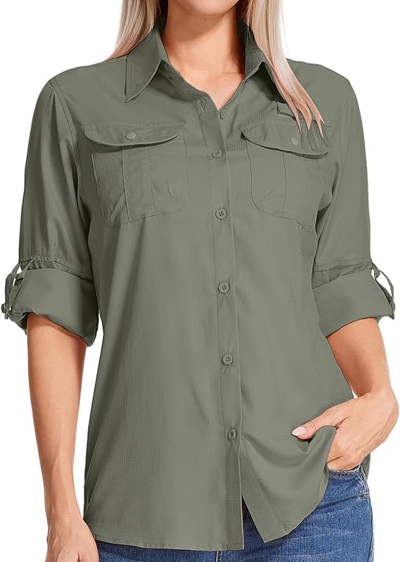 Women's UPF 50+ UV Protection Hiking Shirt Safari Clothing Women's Outdoor Shirt Quick-Drying Long Sleeve Breathable Functional Shirt for Travel Sports Fishing Golf