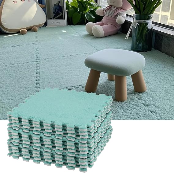 HOZEON 12Piece 12 x 12 Inch Interlocking Carpet Fluffy Tiles, Square Puzzle Foam Floor Mat Tiles, EVA Plush Foam Mats Shaggy Playmat for Parlor, Bedroom, Game Room, Mint Green