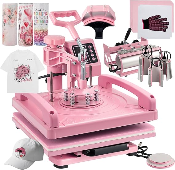 Leomru 8 in 1 Heat Press Machine 15x15 Inch, Heat Press Machine for T Shirts Hat Cap Mug Plate 360 Swing Away, Sublimation Heat Press Heat Transfer Machine W/ 30OZ Tumbler Press Pink