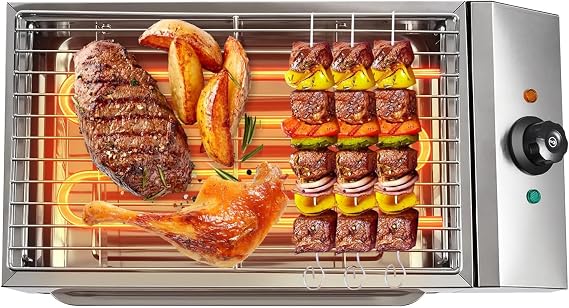 Indoor Grill, 2600W Electric, Smokeless, Even Heating, Portable, Grease Collection Tray, 122 to 572F Adjustable Temperature, Single Plate, For Family Parties, Outdoor Grilling or Commercial Use