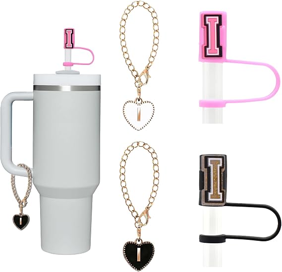 Linmaya Stanley Cup Accessories, 2PCS Letter Straw Cover For Stanley Cup 40/30oz with 2 Letter Charms, Initial Straw Topper and Charms