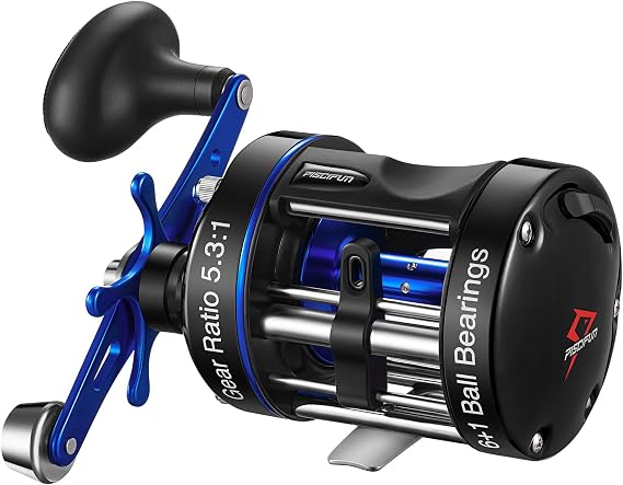 Piscifun Chaos XS Round Baitcasting Reel, Saltwater Conventional Reel | Aluminum body, 5.3:1 ratio, 6+1 bearings, 18-22LB drag, 40/50/60 sizes