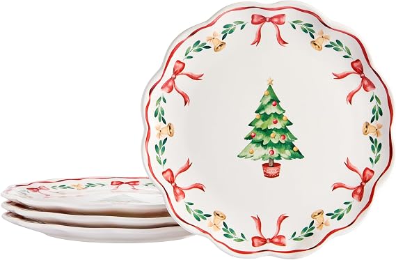 Bico Ribbon Christmas Scalloped Salad Plates Set of 4, 8.75 Inch Ceramic Dessert Plates for Salad, Appetizer, Side Dishes, Microwave and Dishwasher Safe, Gift for Housewarming and Christmas