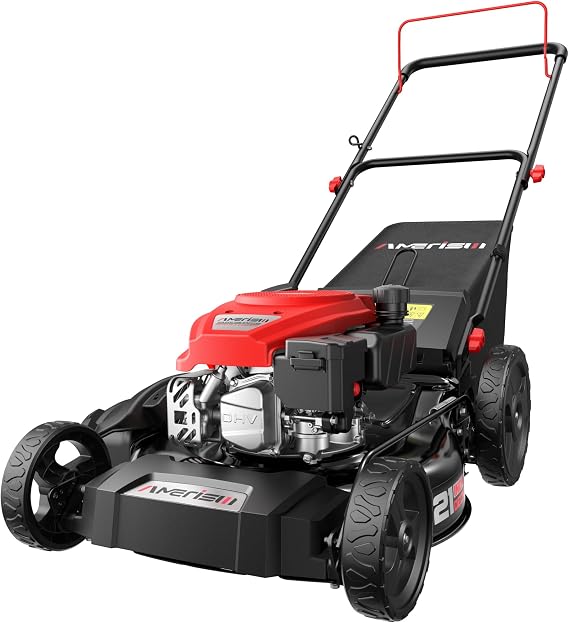 AMERISUN 21-Inch 3-in-1 Gas Push Lawn Mower with 144cc 4-Stroke OHV Engine, 6-Position Adjustable Cutting Height, Large 1.4 Bushel Grass Catcher, Side Discharge & Mulching, Lightweight Easy Storage