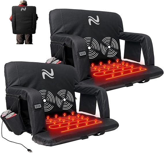 LILYPELLE Heated Massage Stadium Seats, Bleacher Seat with Back & Arm Support, 3 Levels of Heat&Massage, 6 Reclining Positions Stadium Seating Bleacher Seats for Sports Events, Outing, Hiking