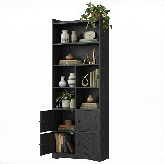 IRONCK Bookshelf with Doors, Book Shelf with Storage Shelves, 74.6 in Tall Bookcase for Home Office, Living Room, Bedroom, Black
