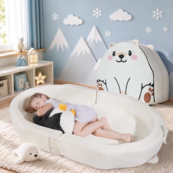 Portable Toddler Bed Folding Toddlers Floor Beds for Kids/Twins Foldable Travel Bed for Baby Extra-Roomy Toddler Bed, Washable Cover Toddler Cot for Travel&Home(Polar Bear)