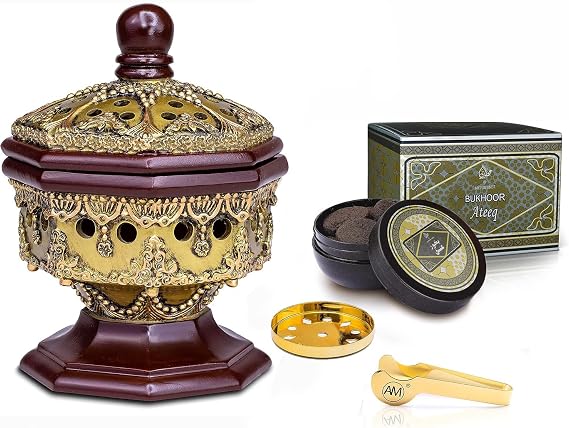 AM Incense Burner Bakhoor Burner - Octagon (Bronze) and Ateeq Bukhoor Incense (100gm) Bundle