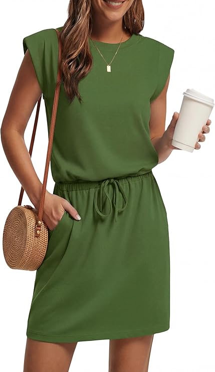 GRECERELLE 2026 Womens Summer Dresses Round Neck Sleeveless Tie Waist Casual Shirt Dress with Pockets