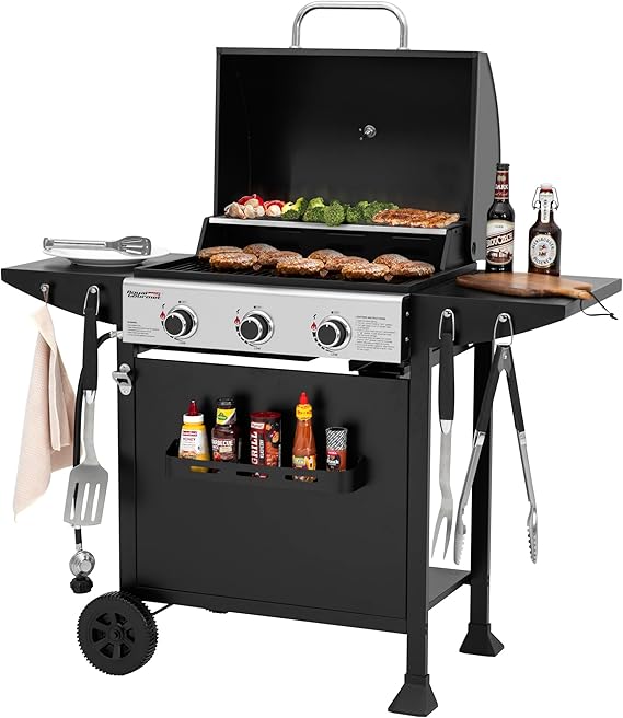 GH3001H 3-Burner Propane Gas Grill with Side Tables Black