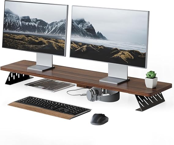 Fenge Monitor Stand Riser, Wooden & Metal Desk Shelf Organizer, Brown | 42.5 Inch Dual Monitor Riser for 2 Monitors, Multifunctional Monitor Shelf for Laptop, PC, Printer