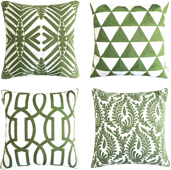 ALPHA HOME Embroidered Throw Pillow Covers Decorative Cushion Covers 18 x 18 inch, Set of 4, Army Green