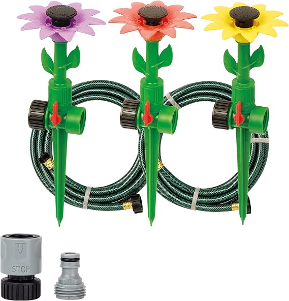 Melnor 65194AMZ Daisy Multi-Adjustable Spike Sprinkler Kit, Covers Up to 1,800 Sq. Ft., 3 Adjustable Sprinklers, 2 Included 15-Ft. Hoses, Quick Connect Bundle, Green, Orange, Pink, Yellow