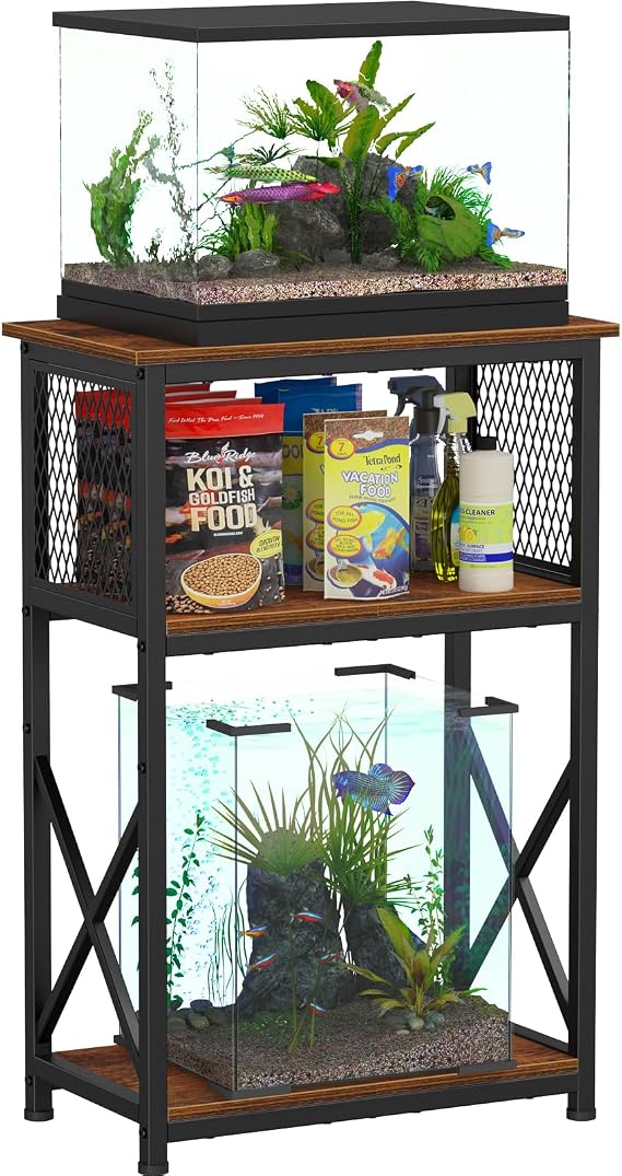 Snughome 10 Gallon Aquarium Stand, 3-Tier Storage Fish Tank Stand 220 lb Top, Fits 5/10 Gallon , Waterproof / Small Space, 20.47" x 11.42" x 30.91", Rustic Brown