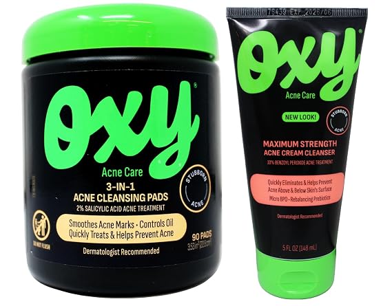 Oxy Acne Care Kit: 3-in-1 Cleansing Pads with 2% Salicylic Acid, 90 Pads + Maximum Strength Acne Cream Cleanser with 10% Benzoyl Peroxide, 5 fl oz (1 Each)