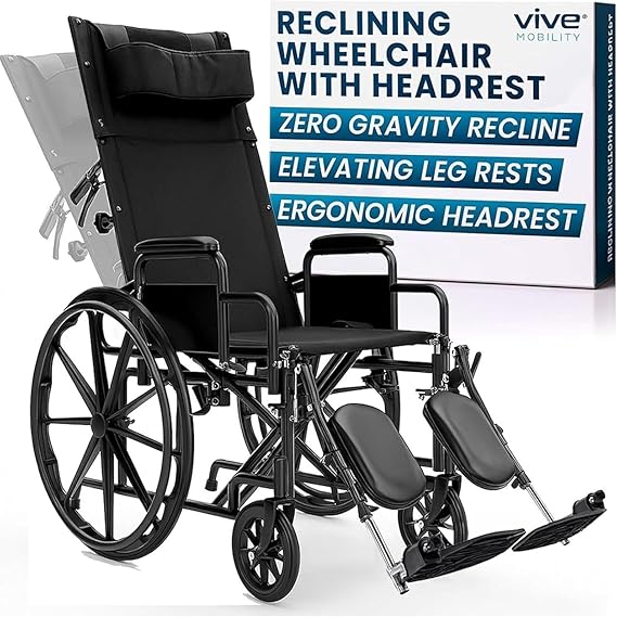 Vive Mobility Reclining Wheelchair w/Elevating Leg Rests - Heavy Duty | Recliner Wheel Chair for Seniors & Adults - Narrow 16" Seat, up to 300lbs - High Back, Leg & Head Support - Comfortable