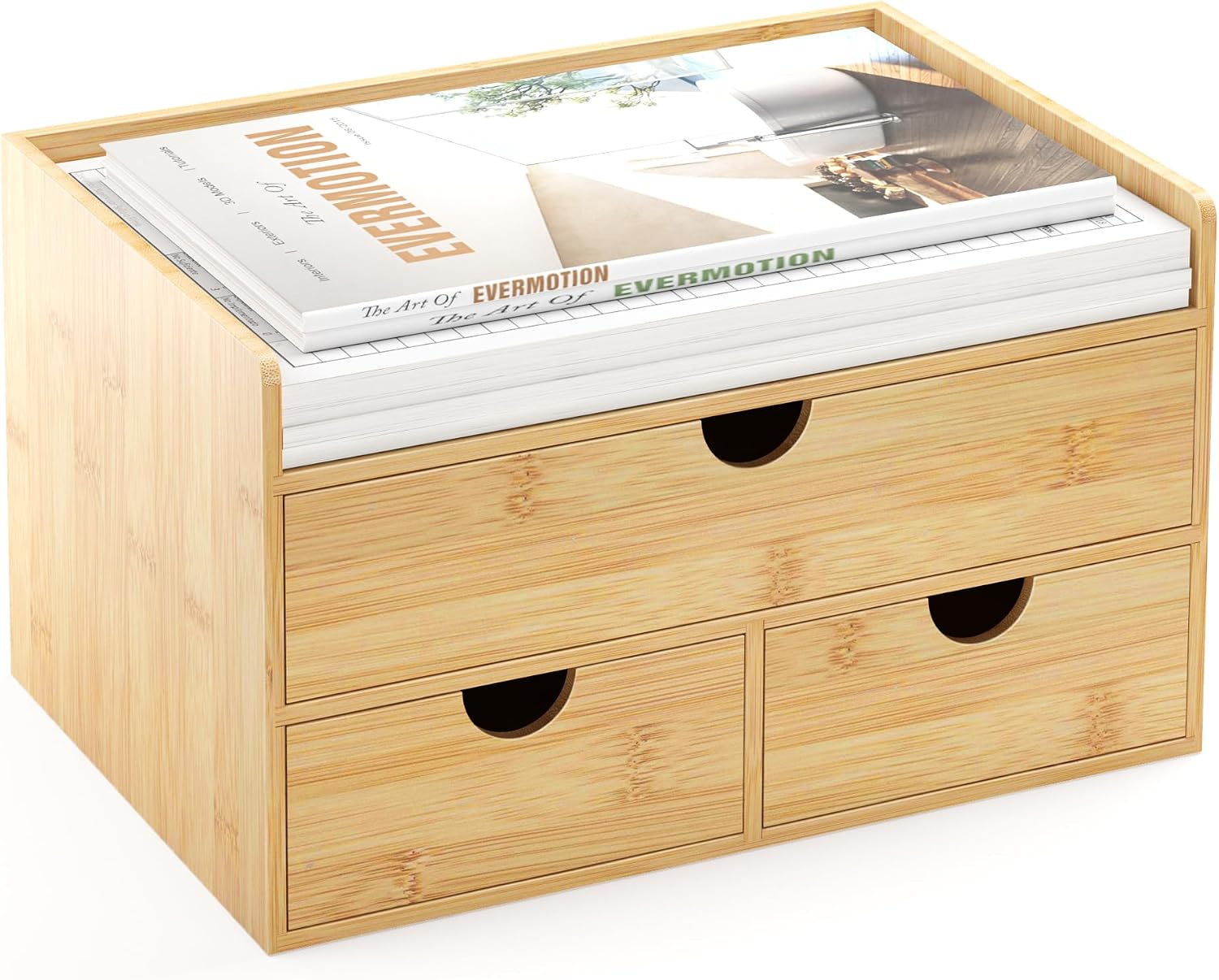 Wisuce Desk Organizer with Drawers - Bamboo Desktop Organizer Storage-Natural Wood Desk Drawers Organizer for Bills, Office Supplies, Cosmetics, Seals No Assembly Required 3 Drawers（top-bottom