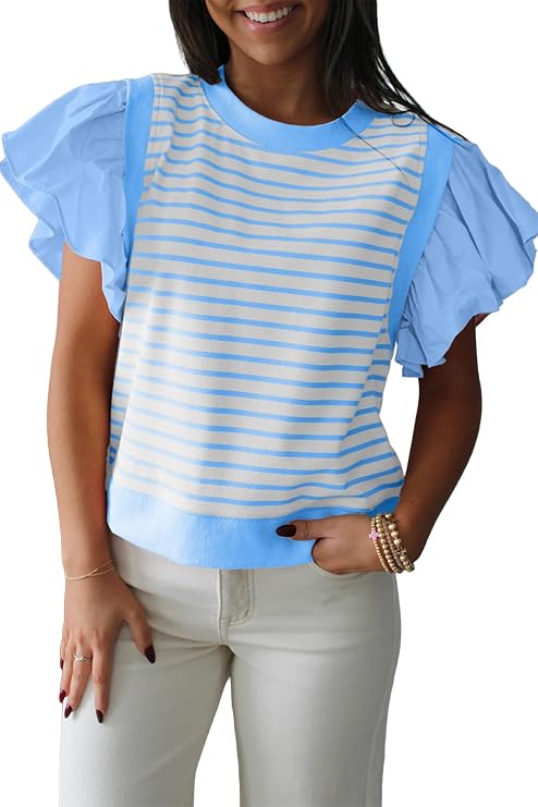 Women's Blouse Casual Pink Stripe Ruffled Short Sleeve Patchwork Blouse Round Neck Blouse