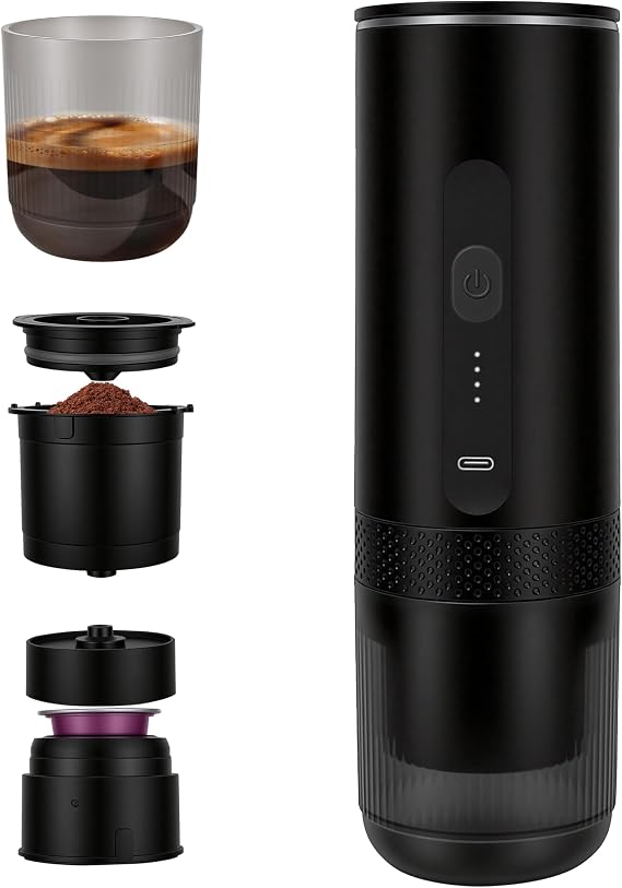 Portable Coffee Maker Electric Espresso Machine, Coffee Espresso Maker for Travel Self-Heating USB-C, Battery Powered with 7800mAh, for Ground Coffee & NS Capsule, for RV, Hiking, Office,Gifts for Men