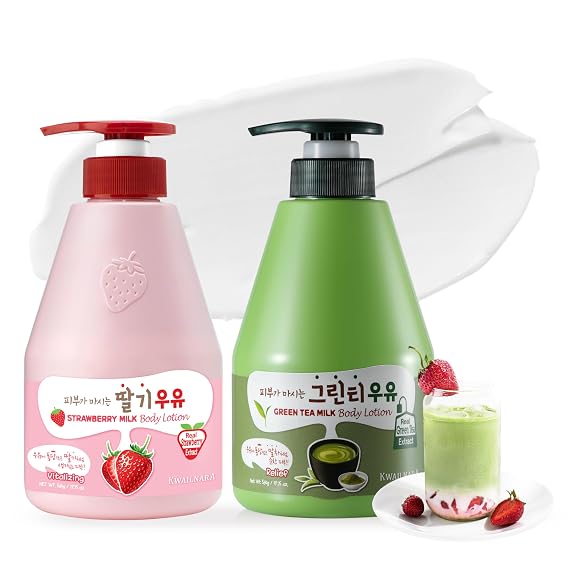 WELCOS Kwailnara Strawberry & Green Tea Milk Body Lotion Set Moisturizing & Clarifying Korean Skincare Duo with Milk Protein, 560g / 19.75oz Each