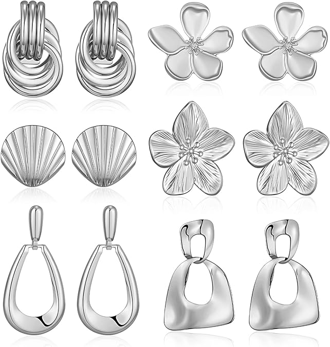 Chunky Gold Earrings For Women Trendy Statement Gold Plated Flower Shell Knot Dangle Earrings Lightweight Hypoallergenic Fashion Jewelry Set