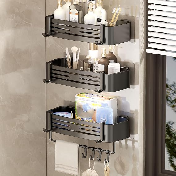 Shower Caddy Adhesive Shower Organizer Bathroom Shower Shelves Rust Proof Shower Shelves No Drill Bathroom Shower Organizers Wall-Mounted Shower Holder,Black 6