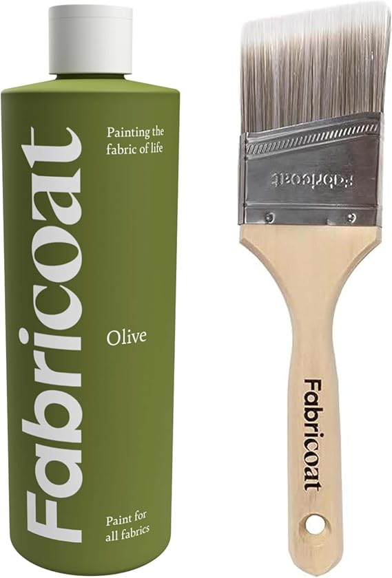 Fabricoat - Fabric Paint for Furniture 250ml (Olive) + Angled Paint Brush | Firm Bristled Brush with Wooden Handle | Restore or Change the Color of Couches, Chairs, Upholstery