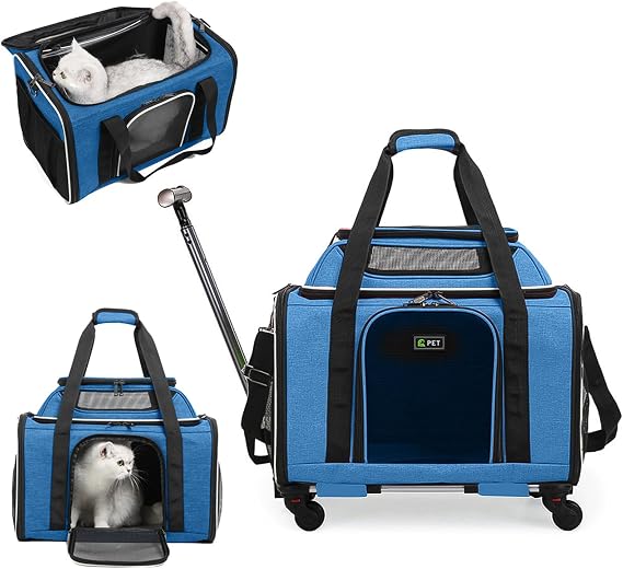 PETCUTE Large Dog Cat Carrier with Wheels,Foldable Rolling Pet Carrier for Cat Dog Under 18 lbs,Breathable Cat Carrier Travel Bag with Telescopic Handle and Mesh Pocket for Outdoor Walking Travel
