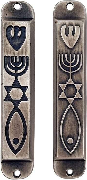 TALISMAN4U Set of 2 Pewter Messianic Mezuzah Case with Scroll for Door from Israel Menorah Messianic Seal 10 cm / 4 Inch