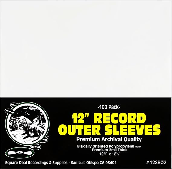 (100) 12" Record Outer Sleeves - Archival Quality, Super Clear BOPP - 12-3/4" x 12-1/2" - 2 Mil Thick - #12SB02