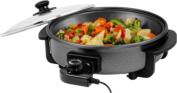 OVENTE 11.5-Inch Electric Skillet, 1400W Nonstick Pan, Black SK11112B | Adjustable Temperature Control, Tempered Glass Lid with Steam Vent, Cool-Touch Handles, Easy to Clean Design