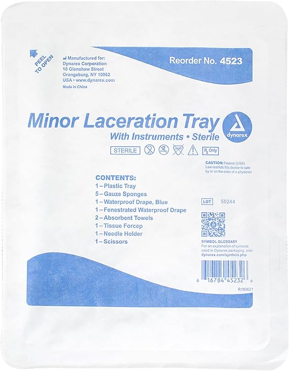 Dynarex Minor Laceration Trays with Instruments - Compact & Sterile - Tray, Gauze Sponges, Drape, Needle Holder, Towels, Forceps, Scissors - 1 Tray