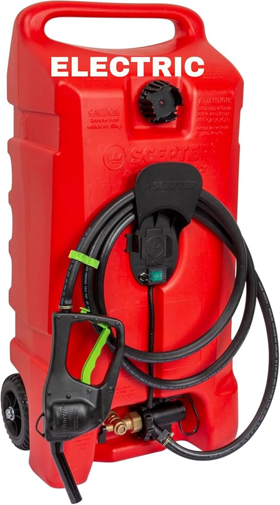 Scepter 14 Gallon Gas Caddy with Electric Fuel Pump, Flo N Go Powered Portable Fuel Tank with Fill-Rite Transfer Pump and 10-Foot Hose for Farm, Marine, Commercial, and Home Use, Red