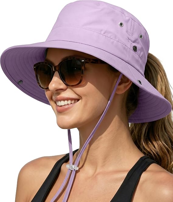 Women Sun Hat with Ponytail Hole Wide Brim Bucket Sun Protection for Summer
